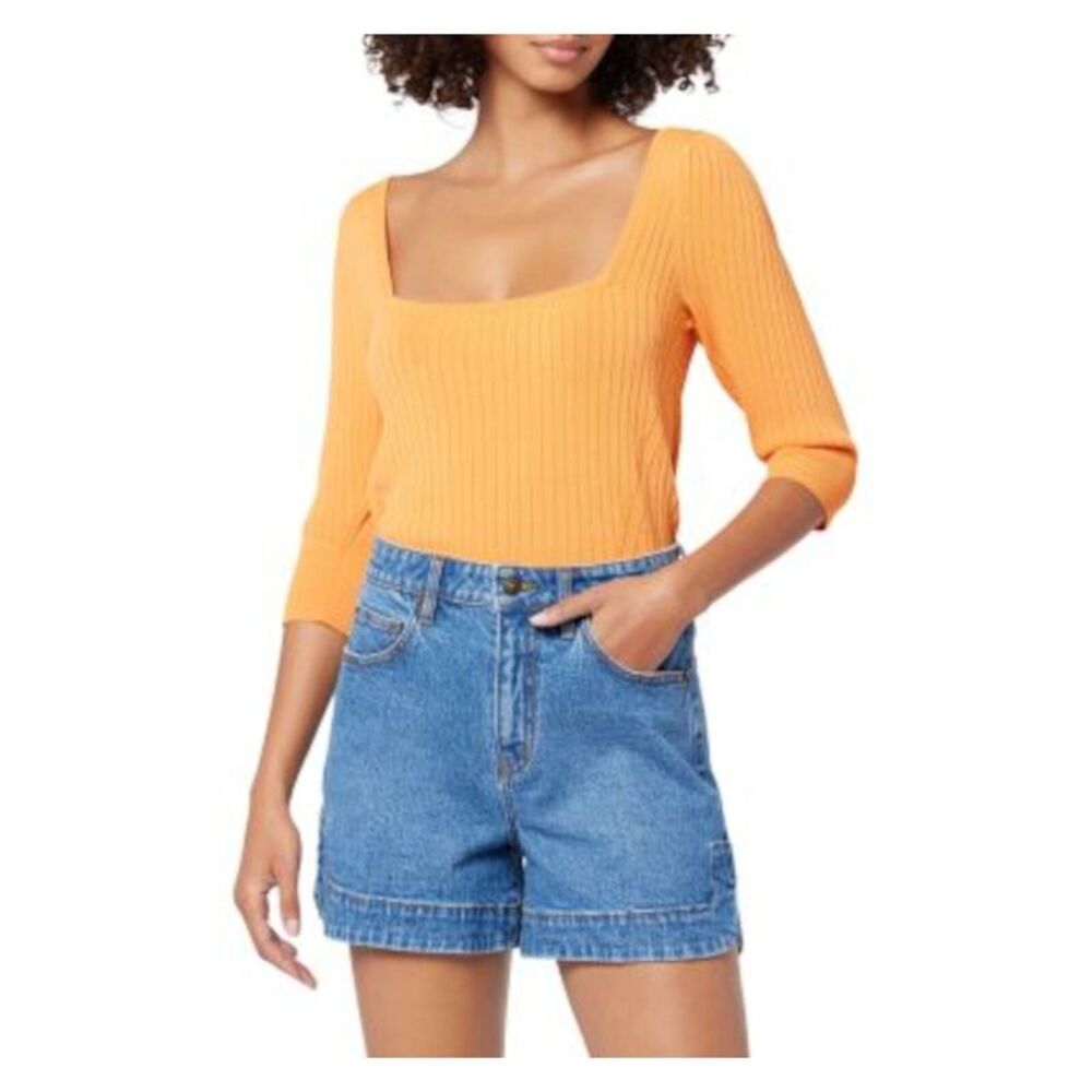 JOIE Womens Orange Ribbed 3/4 Sleeve Square Neck Top L